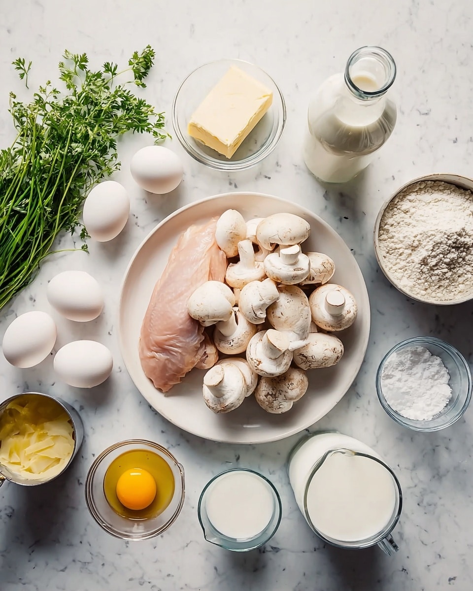A white round plate in the center holds one piece of raw chicken and a pile of whole white mushrooms with visible texture, slightly overlapping. Surrounding the plate on a white marbled surface are fresh green herbs in two bunches on the left, a small glass dish with a chunky light yellow butter block near the top, a small white bowl filled with flour on the right, and a tall silver bottle above it. Below the bottle is a glass of milk, next to a smaller cup of a creamy white liquid. Below the plate, a small bowl of white salt and a clear glass of water sit side by side. On the left side, a small bowl with two white eggs inside and another small bowl with melted yellow butter are placed close. A woman’s hand is holding a small metal measuring cup filled with light liquid near the bottom left corner. All items rest on a white marbled surface photo taken with an iphone --ar 4:5 --v 7