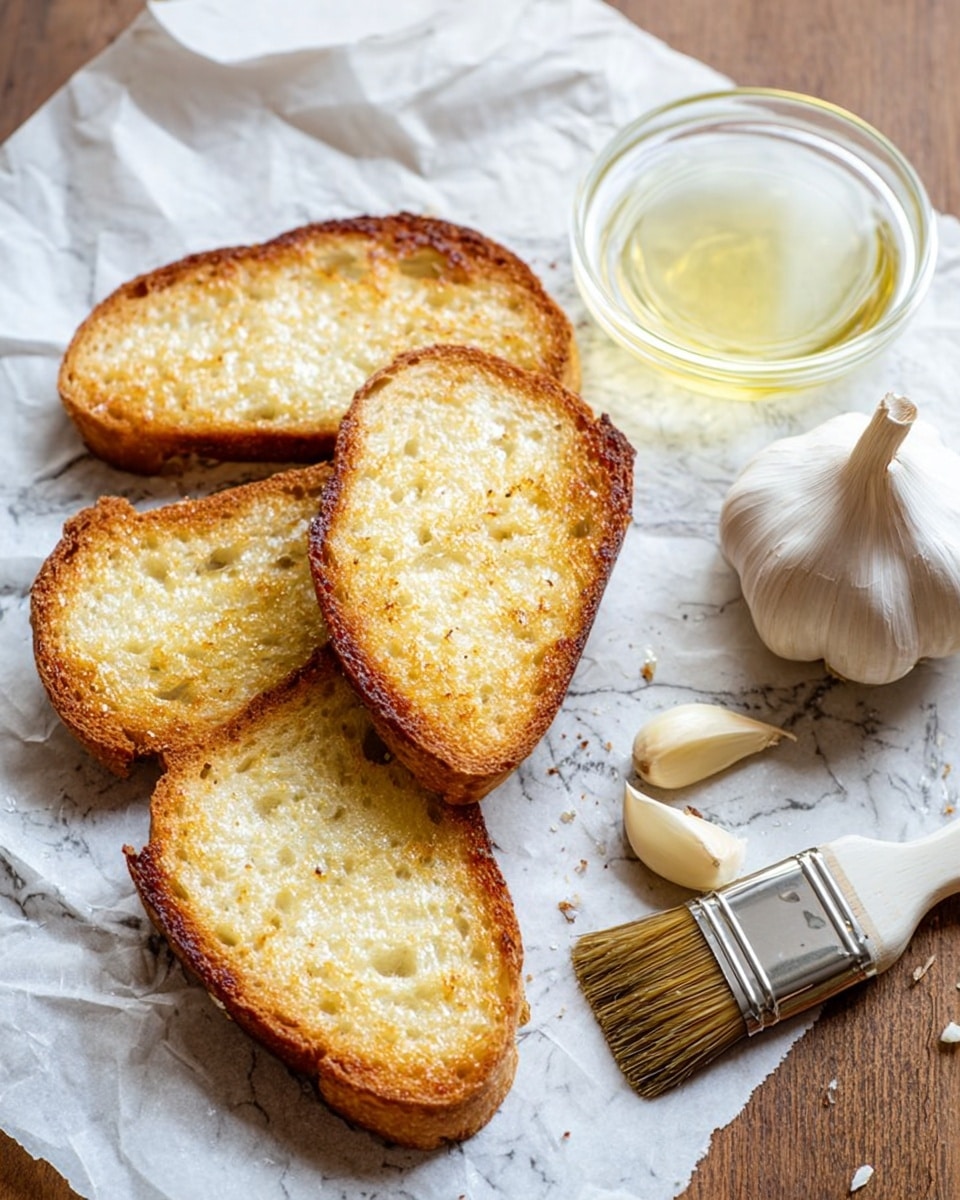 The image shows four slices of toasted bread with a crispy golden-brown crust and a light golden inside, placed on parchment paper. To the right, there is a whole garlic bulb with two separate garlic cloves nearby. Above the garlic, there is a small clear glass bowl with a light yellow liquid, and a brush with brown bristles and a white handle gently touching the bowl. The background is a wooden surface with a white marbled texture underneath the parchment paper. photo taken with an iphone --ar 4:5 --v 7