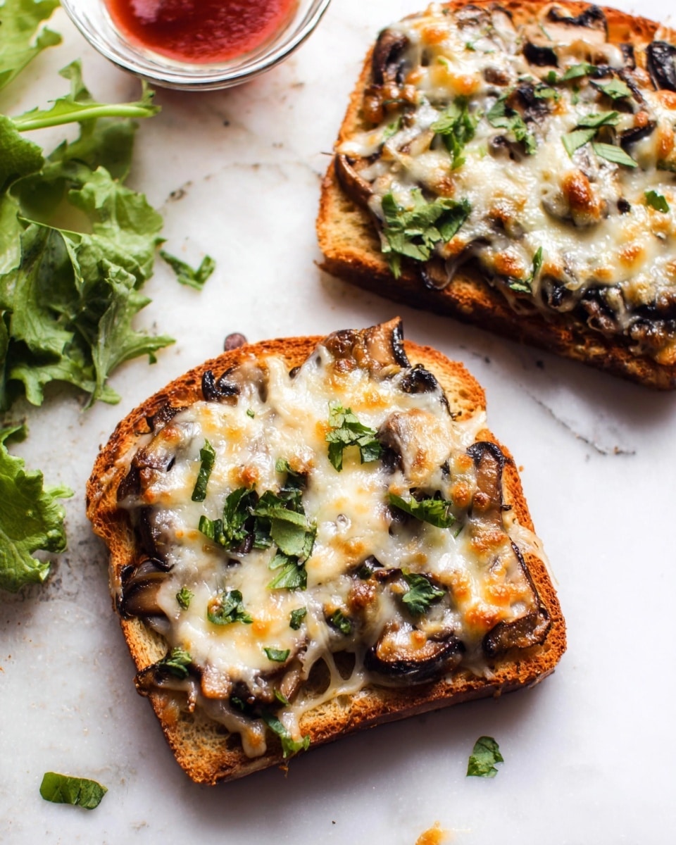 The image shows two slices of toasted bread placed on a white marbled surface. Each slice has a layer of cooked mushrooms topped with melted, golden-brown cheese that is slightly bubbly and stretchy in texture. Small pieces of fresh green herbs are sprinkled on top of the cheese adding a fresh touch. To the left side of the toast, there are loose green leafy vegetables, and above the pieces of toast, there is a small clear white bowl with red sauce inside it. The composition highlights the texture of the toasted bread's crust and the creamy, melted cheese on top of the dark mushrooms. photo taken with an iphone --ar 4:5 --v 7