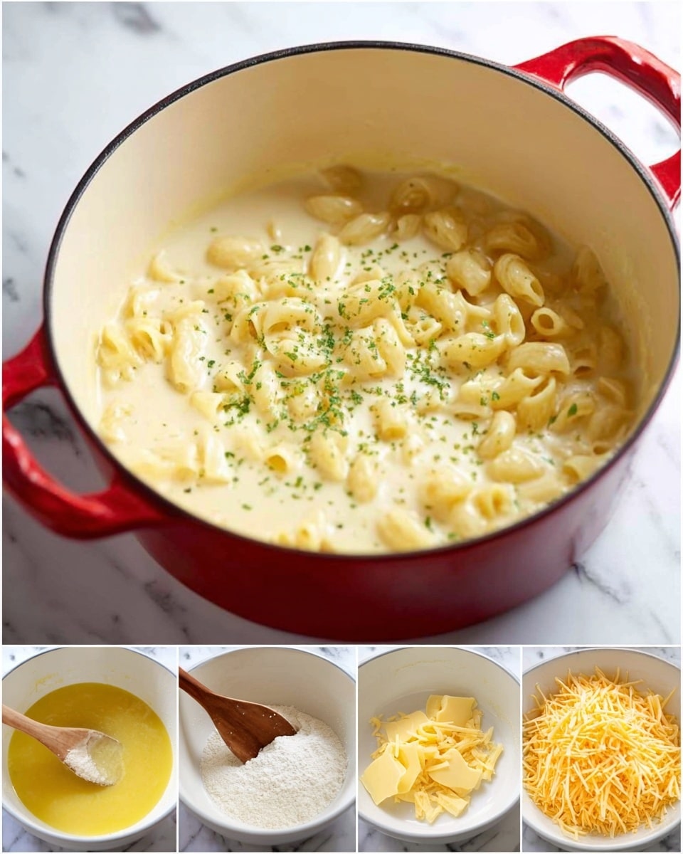 The image shows a creamy macaroni dish served in a white enamel pot with red handles, placed on a white marbled surface. The main large photo displays macaroni pasta in a thick, light yellow cheese sauce, garnished with small green herb pieces sprinkled across the top. To the left, there are four smaller photos stacked vertically showing the cooking steps: first, a yellow melted butter or cheese mixture in the pot; second, a white powder (likely flour) being stirred into the mixture with a wooden spoon; third, some yellow solid pieces (possibly cheese or seasoning) added to the pot; and finally, a large amount of shredded yellow cheese added on top of the macaroni mixture in the pot. The textures range from smooth sauce to soft pasta and shredded cheese. The scene has soft natural lighting, with simple clean kitchen visuals. photo taken with an iphone --ar 4:5 --v 7