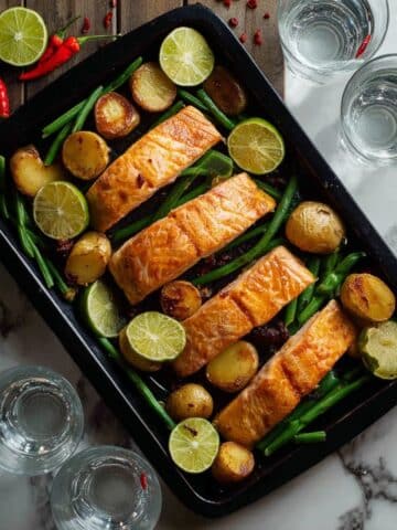 One Tray Oven Baked Honey Chili Lime Salmon with Potatoes and Beans Recipe