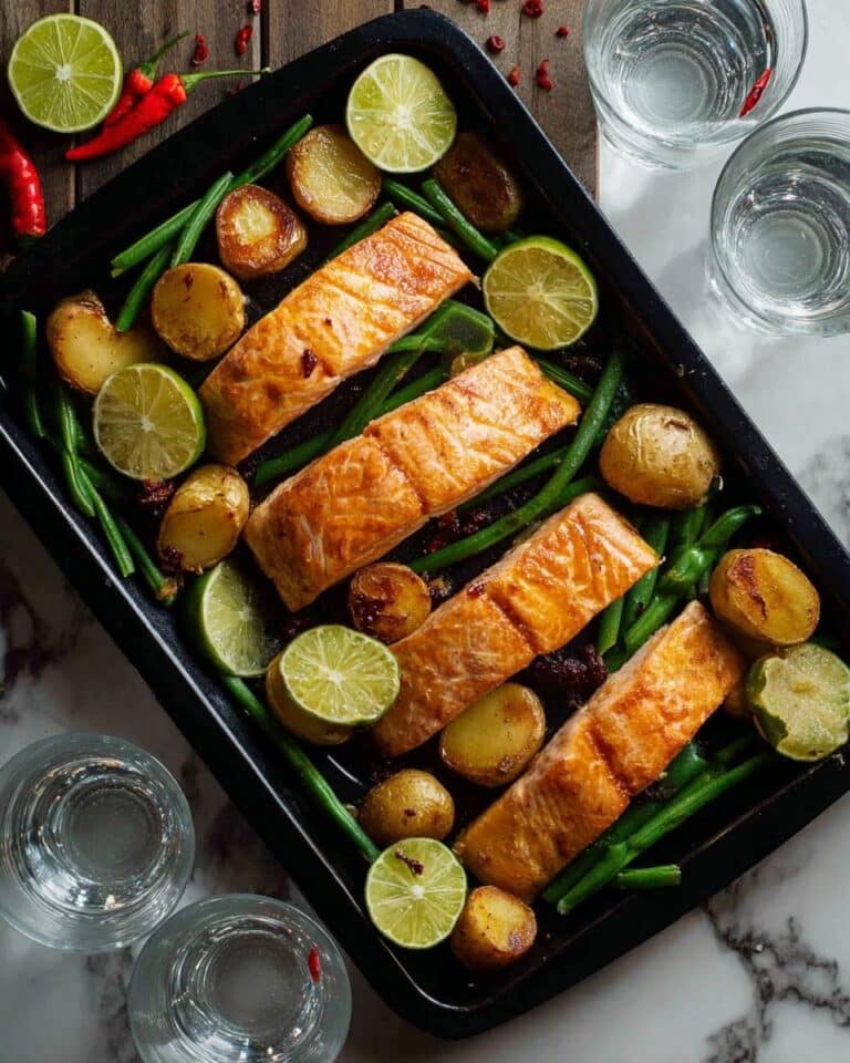 One Tray Oven Baked Honey Chili Lime Salmon with Potatoes and Beans Recipe