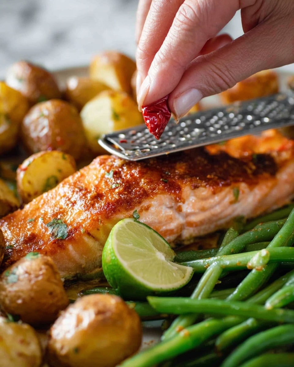 A close-up image showing a woman's hand holding a small red chili, rubbing it against a metal grater above a piece of cooked salmon with a golden brown, slightly crispy texture. The salmon is placed on a white plate, surrounded by roasted baby potatoes with a crispy, browned skin and bright green beans. A lime wedge with a fresh green color is also on the plate. The background features a white marbled surface, adding texture but keeping the focus on the food. Photo taken with an iphone --ar 4:5 --v 7