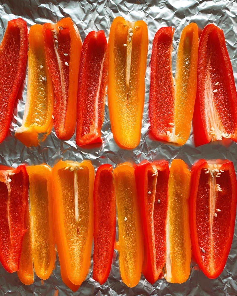 The image shows a white plate with nine small stuffed bell pepper halves arranged in scattered rows. Each pepper half has a smooth, shiny outer skin with colors alternating between bright red and golden yellow. Inside each pepper is a light beige, chunky tuna salad mixture that looks soft and slightly moist. On top of the tuna is a layer of melted cheddar cheese, smooth and glossy with a rich orange-yellow color, covering the tuna but not completely flattening it. Small green parsley leaves are sprinkled on some peppers for a fresh contrast. The plate sits on a white marbled surface, and in the background, there is a blurred baking tray lined with foil holding more stuffed peppers. photo taken with an iphone --ar 4:5 --v 7
