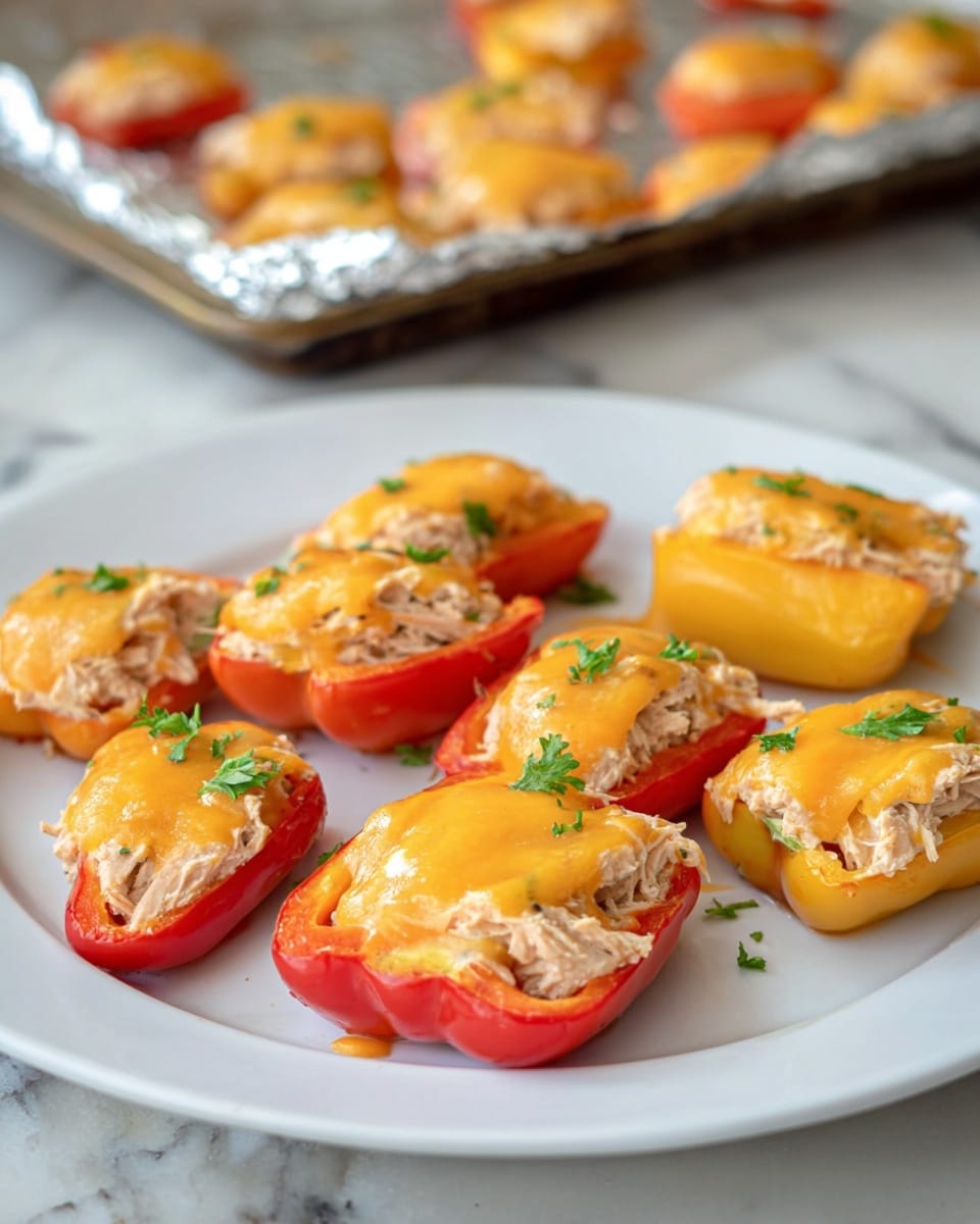 Several small red pepper halves are arranged randomly on a white marbled surface, each filled with a light beige creamy mixture, likely tuna salad. Each pepper half is topped with a thick layer of melted bright orange cheese that looks smooth and slightly shiny. Small green parsley leaves are scattered over the cheese and around the peppers for color contrast. The overall look is colorful with a mix of red, light cream, bright orange, and green accents. photo taken with an iphone --ar 4:5 --v 7