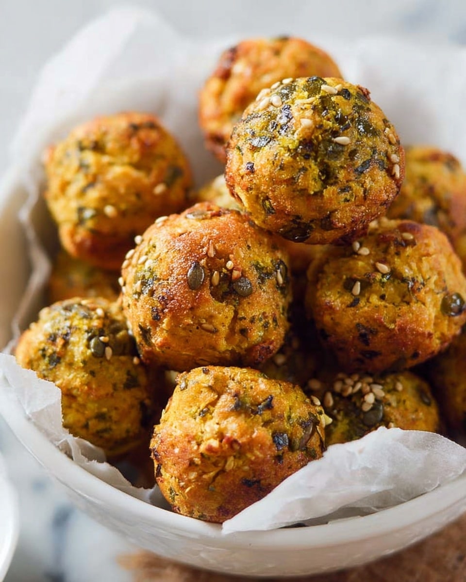 The image shows a bowl filled with round, golden-brown baked snacks that have a crispy outside. Each ball is covered with green herbs and small seeds that add texture and color. The balls are placed in a white bowl lined with white parchment paper, and some snacks are stacked inside it. The background is a white marbled surface, which makes the warm colors of the snacks stand out. photo taken with an iphone --ar 4:5 --v 7
