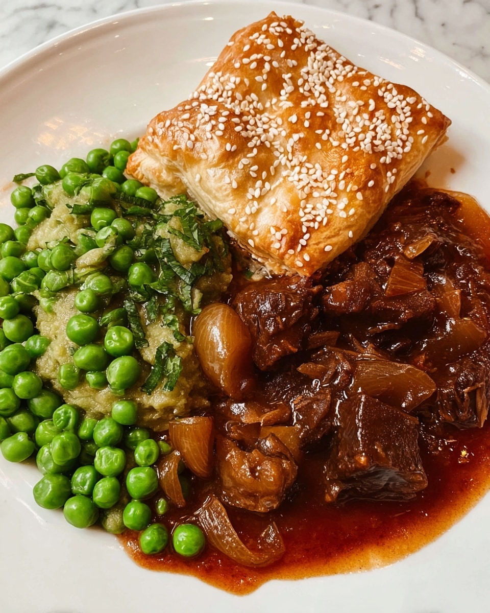 A white plate holds a serving of a dish with three main parts. On the right top side, there is a golden-brown pastry with a shiny crust sprinkled with white sesame seeds. Below and next to the pastry, chunks of dark brown meat in thick reddish-brown sauce cover the bottom half of the plate, mixed with some visible pieces of cooked onion. On the left side of the plate, a pile of bright green peas mixed with some cooked leafy herbs and small onion pieces rests on the sauce. The whole plate sits on a white marbled surface. photo taken with an iphone --ar 4:5 --v 7