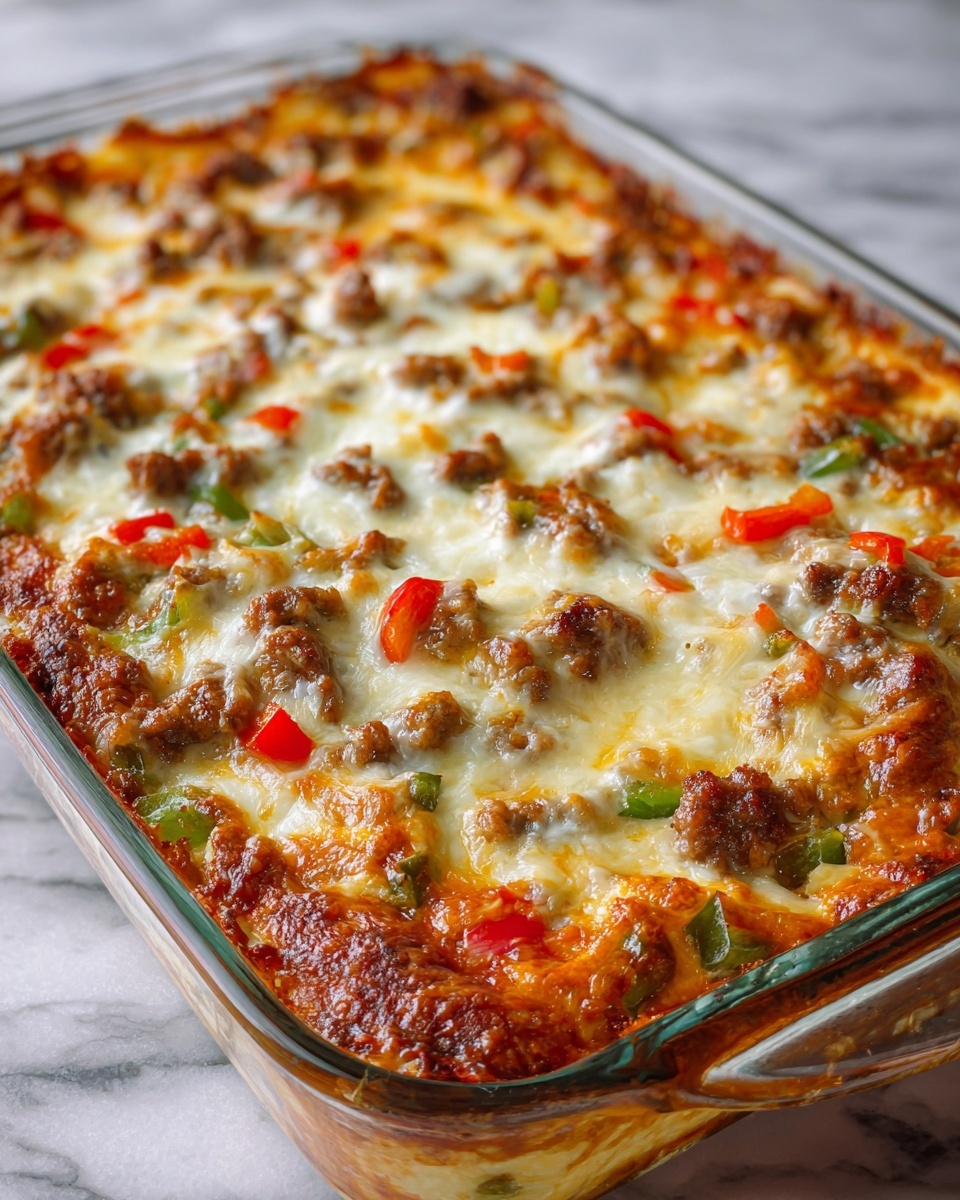 Philly Cheesesteak Casserole Recipe 4 The image shows a rectangular glass baking dish filled with a layered casserole. The bottom layer appears golden brown and firm, topped with a bumpy mix of melted white cheese that blankets the dish. Mixed within the cheese are small chunks of browned meat and sliced red and green bell peppers, giving spots of red and green color throughout. The cheese has slightly browned spots on top, showing a bubbly and melted texture. The dish sits on a white marbled surface, and the photo is taken with an iphone --ar 4:5 --v 7