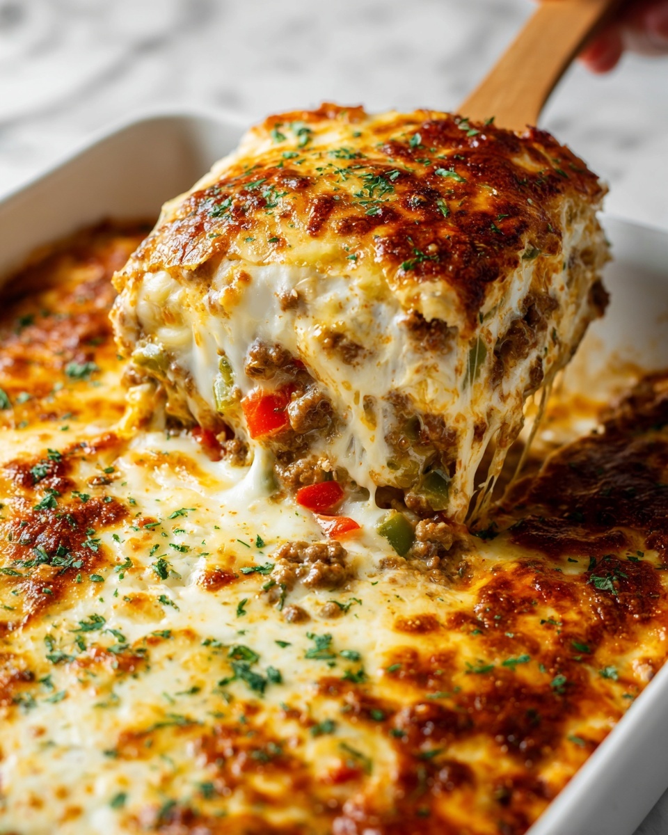 Philly Cheesesteak Casserole Recipe 5 A close-up of a white baking dish filled with a thick, multi-layered casserole. The top layer is golden-brown melted cheese with some darker toasted spots and sprinkled with finely chopped green herbs. Below the cheese, there are visible layers of white melted cheese, browned cooked meat, and small chunks of red and green bell peppers all mixed into a creamy sauce. A woman's hand holding a wooden spatula lifts a gooey slice showing stretchy melted cheese strands connecting the piece to the dish. The background surface is a white marbled texture. photo taken with an iphone --ar 4:5 --v 7