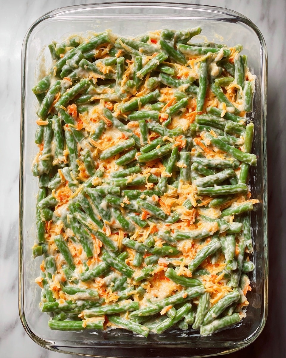 A close-up of a spoon lifting a bite of cheesy green bean casserole, showing a golden-brown crispy top layer with melted cheese and cracker bits, a middle layer of bright green beans mixed with a creamy, slightly grainy white sauce, and some cheese melting into the sauce. The casserole is partly served on a white square plate resting on a wooden surface, with more casserole visible inside a clear glass baking dish in the background, all set on a white marbled texture. photo taken with an iphone --ar 4:5 --v 7