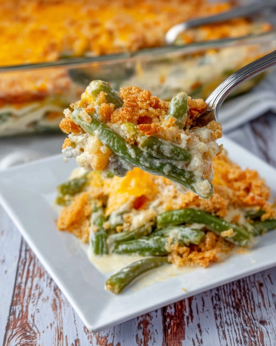 A clear rectangular glass dish filled with a creamy mixture of cut green beans and small bright orange shredded cheese pieces, all evenly spread in a single layer. The green beans are fresh and vibrant, with a smooth creamy sauce coating them lightly, giving the dish a slightly glossy look. The orange cheese shreds are scattered throughout, adding a splash of color against the green and cream colors. The dish sits on a white marbled surface, creating a clean and fresh background. photo taken with an iphone --ar 4:5 --v 7