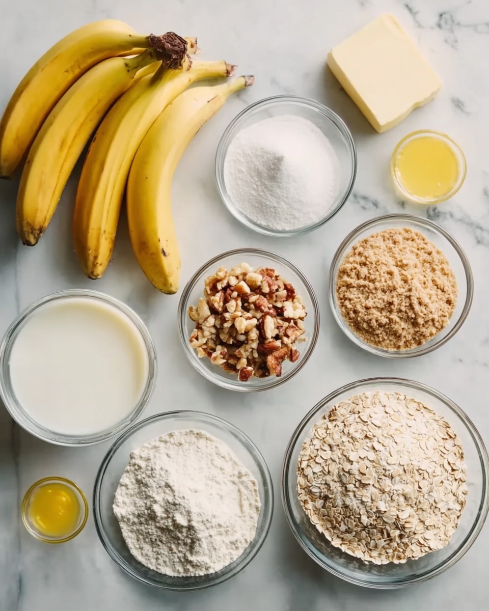 The image shows a white marbled surface with ingredients arranged neatly in small clear glass bowls and on the surface. There are three whole yellow bananas with brown stems on the left side, and a stick of pale yellow butter resting near them. In separate bowls, there is white sugar, light brown flour, white milk in a glass measuring cup, chopped nuts with a mix of brown and beige pieces, a bowl of light brown sugar with a crumbly texture, and light beige oats. Below these is a bowl of white flour and a small bowl of golden yellow melted butter. All items are placed in a clean and organized layout. photo taken with an iphone --ar 4:5 --v 7
