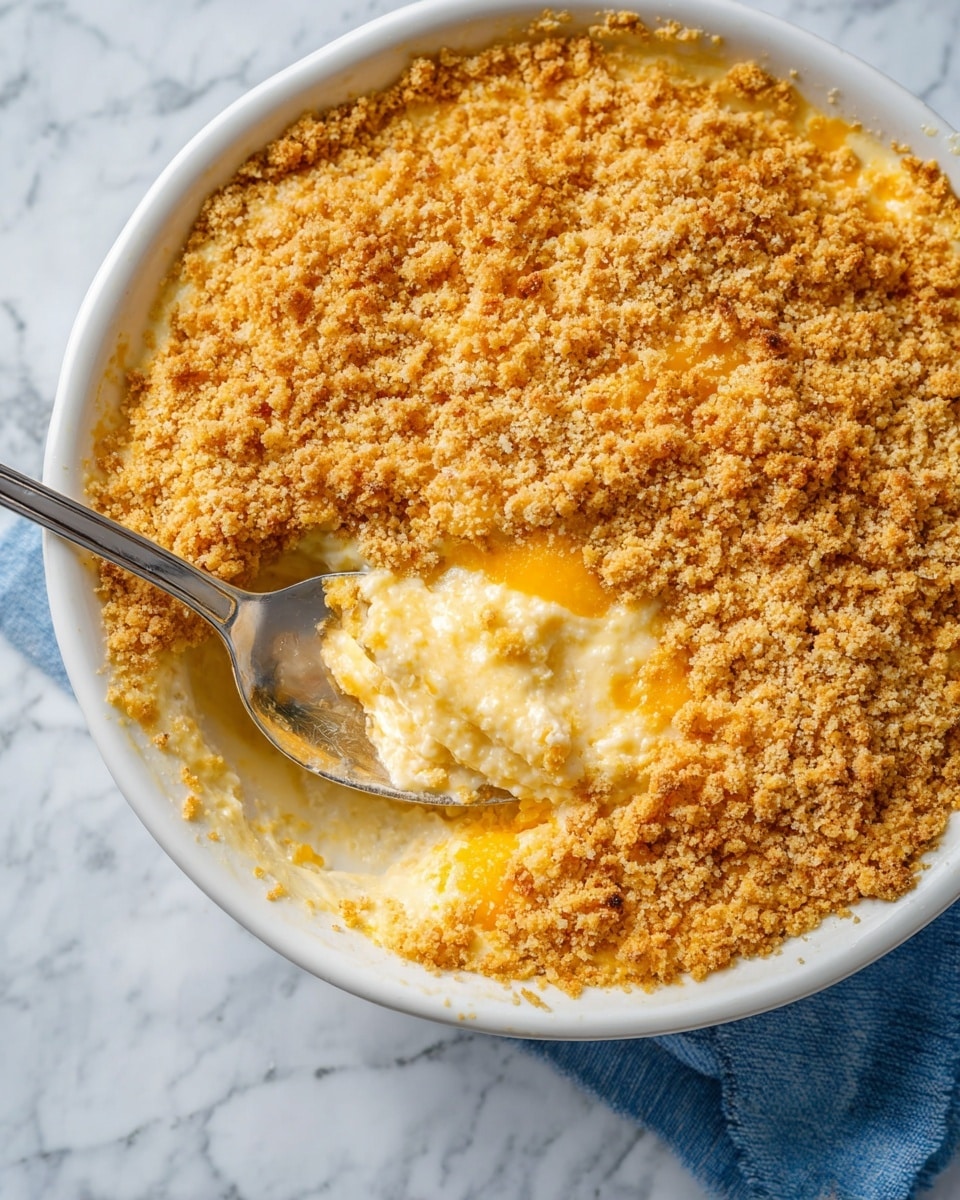 The image shows a white round dish filled with a baked casserole that has three visible layers. The top layer is a golden brown crumbly crust with a rough texture, covering the whole dish evenly. Below it, the middle layer is creamy and light yellow with melted cheese that looks soft and smooth. The bottom layer, visible where a spoon is scooping out some food, is a pale, thick mixture that seems soft and dense. A shiny metal spoon is lifting a portion from the dish, revealing all three layers clearly. The dish is set on a white marbled surface with a blue cloth partly visible near the dish. photo taken with an iphone --ar 4:5 --v 7