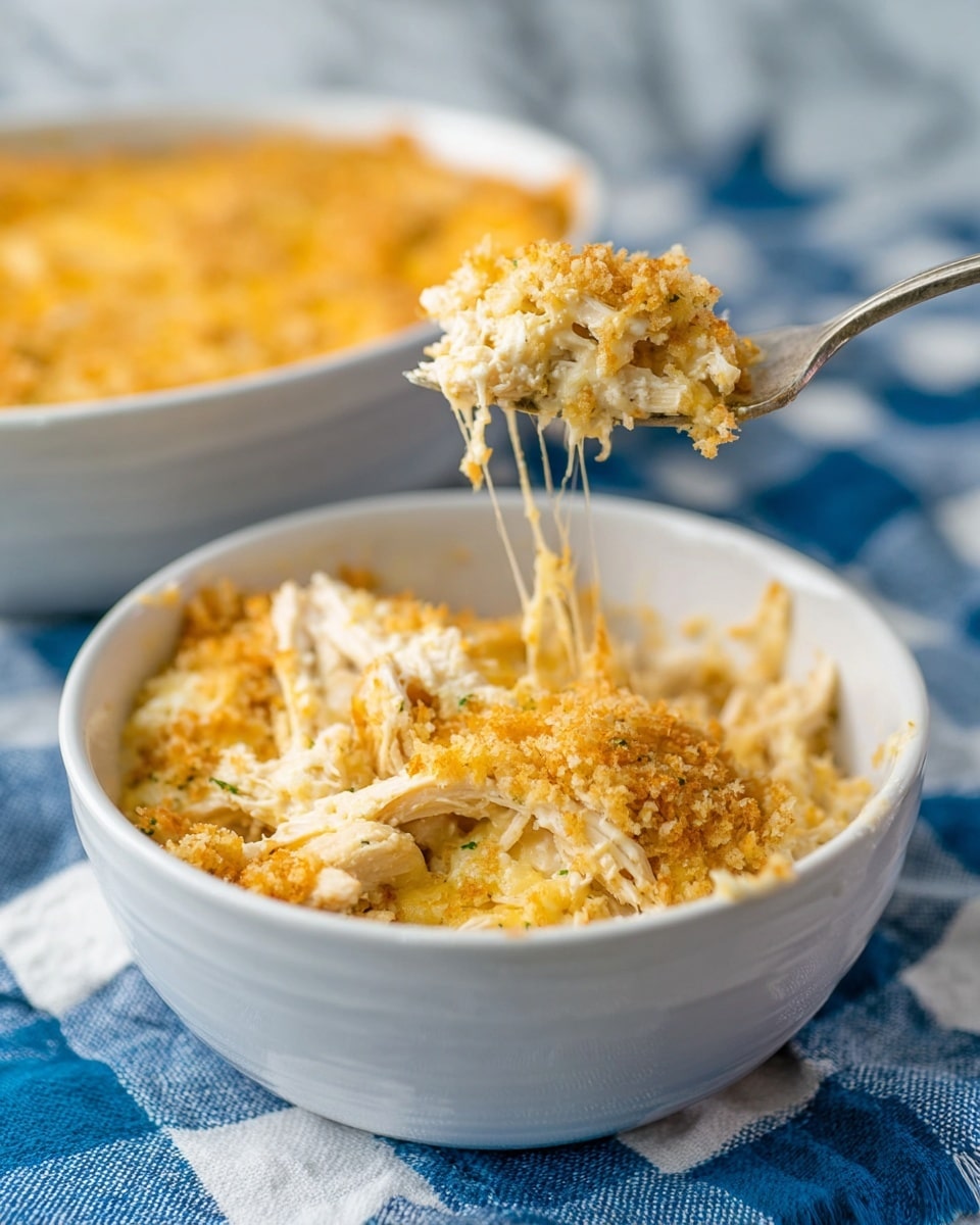 A close-up of a white bowl filled with creamy, shredded chicken mixed with melted cheese, showing a textured layer of golden, crispy crumbs on top. A fork lifts a portion from the bowl, pulling gooey strands of cheese from the soft, white chicken below the crispy yellowish crumb layer. In the background, another white bowl is filled with the same cheesy chicken mixture, partially blurred. The bowls are placed on a blue and white checked cloth over a white marbled surface. Photo taken with an iphone --ar 4:5 --v 7