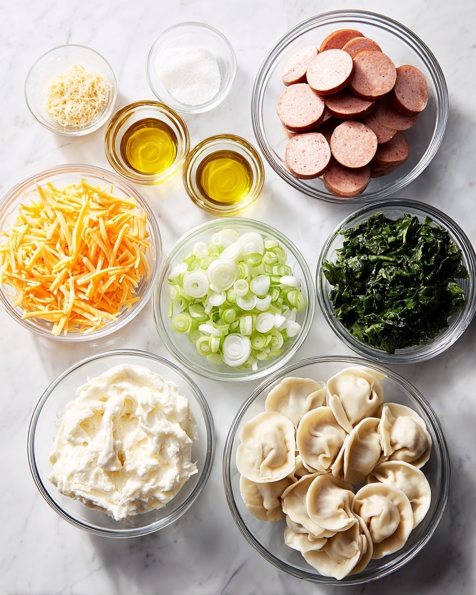 The image shows nine clear glass bowls arranged on a white marbled surface, each filled with different ingredients. Starting from the bottom right, there is one bowl filled with round, uncooked dumplings with folded edges. Above it, a bowl with thinly sliced white onions. Next, a bowl of sliced green onions with a fresh, bright green color. Moving to the center, a bowl filled with a creamy, white mixture. To its left, a bowl of shredded orange cheddar cheese. Above is a bowl of thick sausage slices with a pinkish color and speckled texture. At the top center left, a small bowl with golden oil, and next to it a smaller bowl with granular white salt. Lastly, at the top right, a bowl containing dark, chopped cooked spinach. The items are neatly arranged and well-lit, showing clear details of each ingredient photo taken with an iphone --ar 4:5 --v 7
