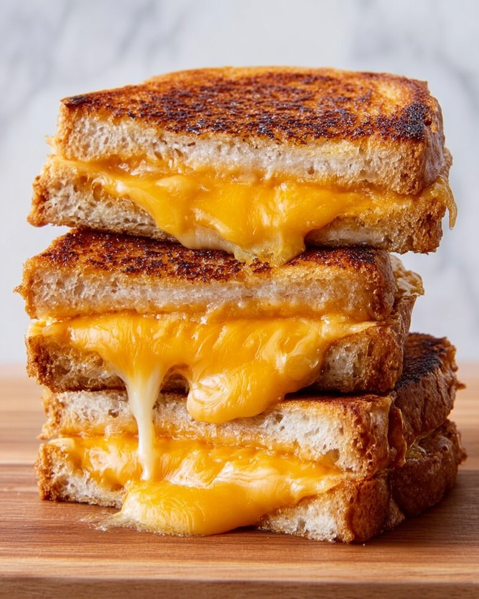 A stack of three grilled cheese sandwiches is shown with each sandwich cut in half and layered so the melted cheese flows out between the slices of toasted brown bread. The cheese is a bright orange-yellow, smooth and shiny, oozing slightly at the edges of each sandwich layer. The toasted bread has a crispy texture with a deep golden brown color and darker spots from grilling. The stack sits directly on a wooden surface with no plate visible, against a plain white marbled background. photo taken with an iphone --ar 4:5 --v 7