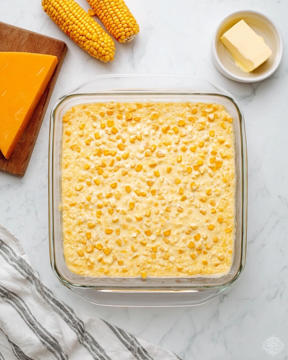 A square clear glass baking dish with two handles holds a two-layer casserole. The bottom layer is a creamy white base with a soft texture, visible at the edges. The top layer is melted cheddar cheese in a bright orange color, spread evenly covering the whole surface. The dish sits on a white marbled surface. Next to the dish on the left is a white bowl with a chunk of yellow butter, a wooden board with two pieces of yellow corn on the cob, and a wedge of orange cheddar cheese. A white and gray striped cloth is under the cutting board. photo taken with an iphone --ar 4:5 --v 7