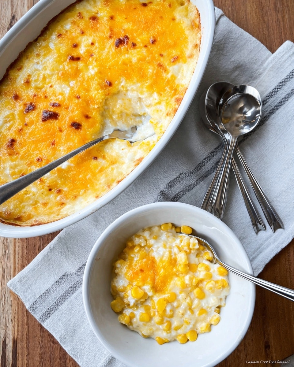 The image shows a white oval dish with a creamy corn casserole topped with a thick, bubbly layer of golden-yellow melted cheese, some light browned spots on top, and a silver spoon scooping a portion to reveal the creamy corn beneath with visible yellow kernels mixed in white sauce. Above it is a small white bowl holding a single serving of the casserole, showing a layer of melted cheese on top and creamy corn kernels underneath. The dishes are placed on a wooden surface next to a folded white and gray striped cloth with two shiny metal spoons on top. photo taken with an iphone --ar 4:5 --v 7