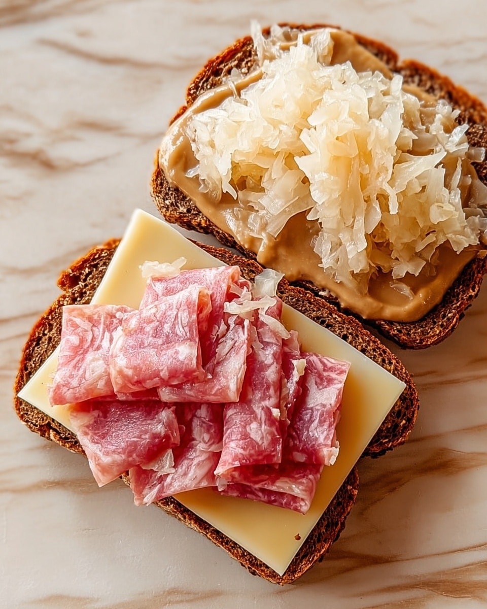The image shows an open sandwich on a slice of dark rye bread. The bottom layer is a slice of pale yellow cheese, topped with several thin slices of pink cured meat arranged evenly. On top of the meat, there is a layer of light-colored shredded sauerkraut, slightly wet and spread unevenly. Beside this, there is another slice of dark rye bread spread with a light brown mustard-like sauce. The background is a white marbled texture. photo taken with an iphone --ar 4:5 --v 7