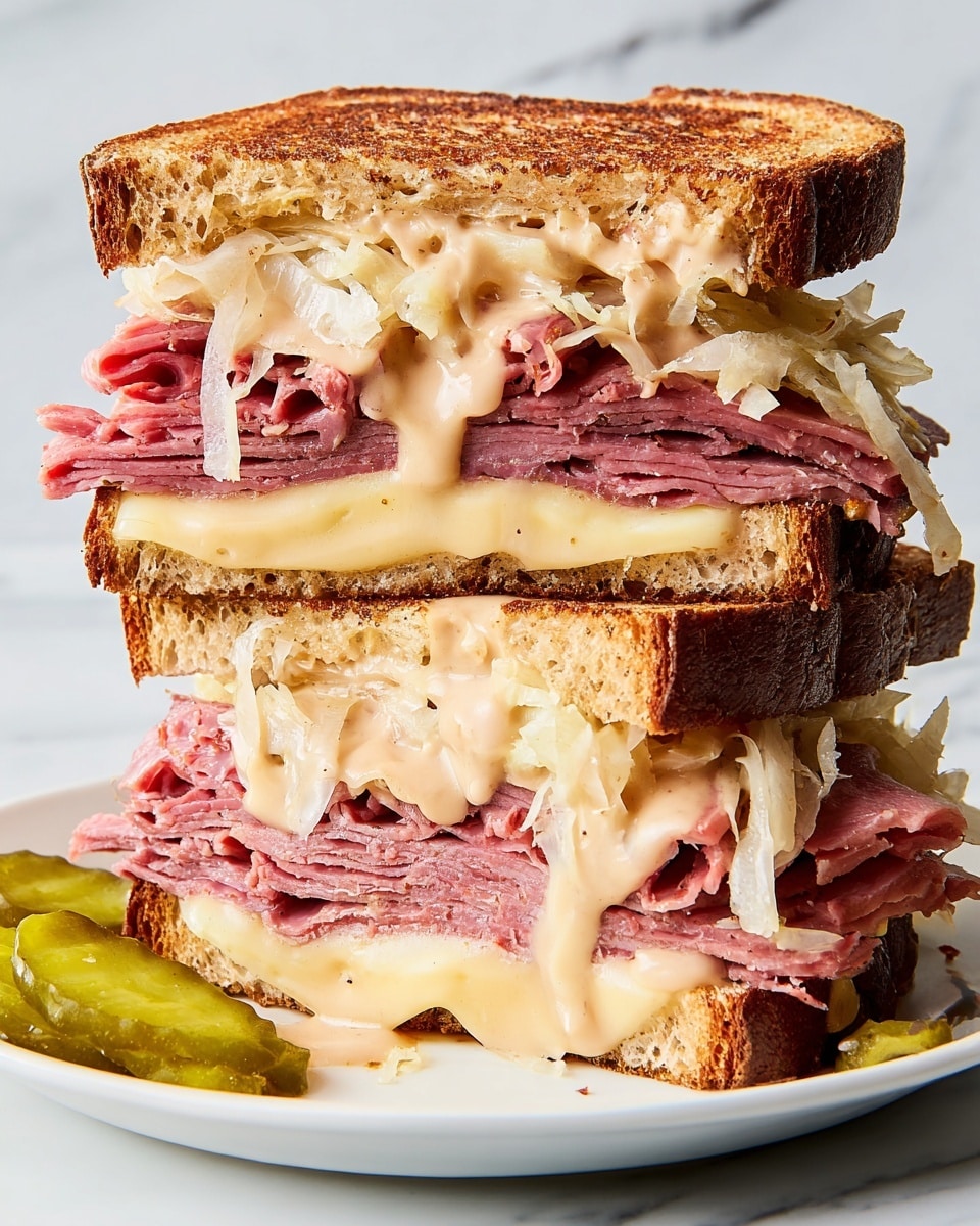 A tall sandwich cut in half, stacked with three slices of toasted brown bread, each slice golden brown and crispy. Between the first and second bread slices, there is a thick, creamy melted pale yellow cheese layer. Above this, a generous layer of thinly sliced pink pastrami folds softly, topped with slightly translucent, shredded pale sauerkraut. Between the second and third bread slices is the same thick melted cheese, topped again with a large pile of folded pink pastrami and sauerkraut on top, draped with a creamy, light pink sauce that slightly spills over the meat. The sandwich rests on a white plate with a few green pickle slices on the side, all set on a white marbled surface. Photo taken with an iphone --ar 4:5 --v 7