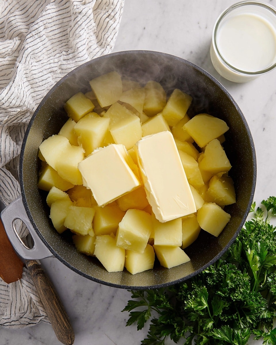 A black pot filled with light yellow boiled potato pieces that are roughly cut and piled together in the center. On top of the potatoes, there are two blocks of creamy yellow butter, one larger and one smaller, placed close to each other. Steam gently rises from the pot, showing the warmth of the food. The pot sits on a white marbled surface, next to a bunch of fresh green parsley on the right and a white and gray striped cloth on the left. Near the top right corner, there is a clear glass filled with white milk. Photo taken with an iphone --ar 4:5 --v 7