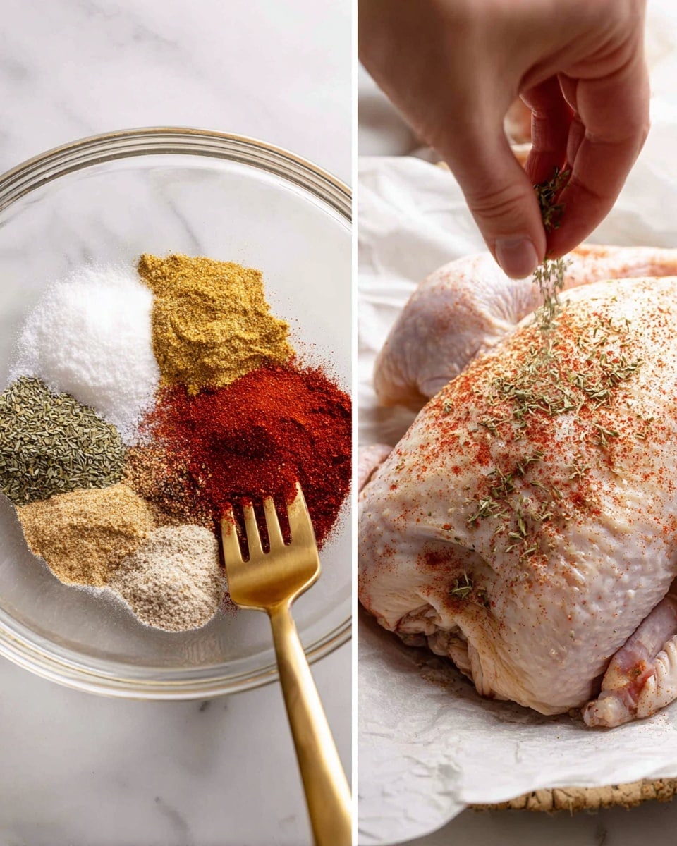 The image shows two side-by-side close-up photos. On the left, a clear glass bowl with seven different spices in separate small piles: white salt, black pepper, yellow onion powder, green dried herbs, red paprika, and two other red powders. A gold fork stirs the spices, with raw chicken on white parchment paper in the background. On the right, a woman's hand sprinkles and presses the mixed spices onto a whole raw chicken piece with skin, lying on white parchment paper. The scene is set on a white marbled surface. photo taken with an iphone --ar 4:5 --v 7