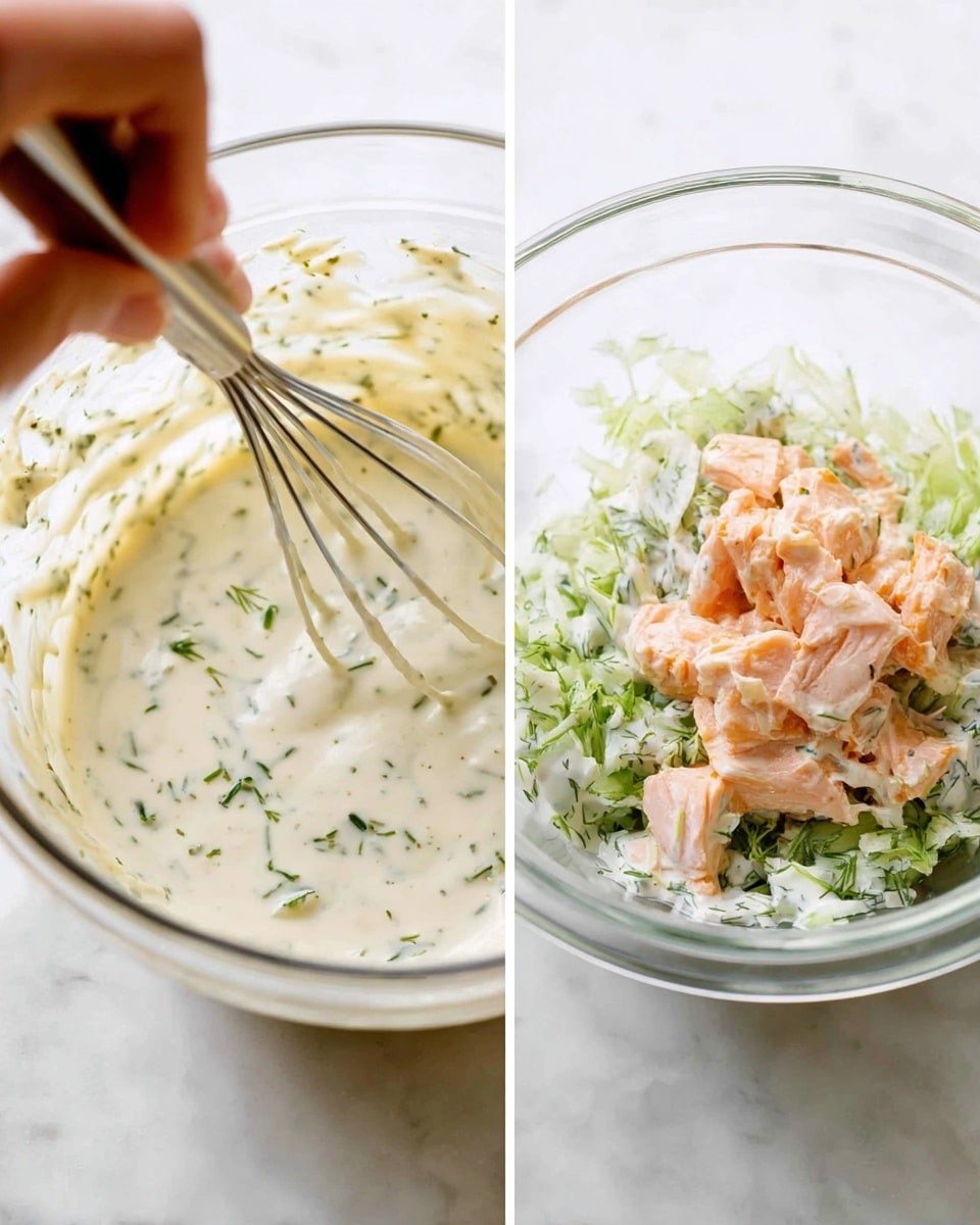 The left side shows a close-up of a clear glass bowl with creamy white sauce mixed with green herbs, as a woman's hand uses a whisk to stir it, with small green herb pieces floating on top and the sauce having a smooth, thick texture. On the right side, the same clear glass bowl now holds a white creamy base mixed with finely chopped green cucumber and herbs, topped with chunks of light pink salmon being added from above. The bowl sits on a white marbled surface. photo taken with an iphone --ar 4:5 --v 7