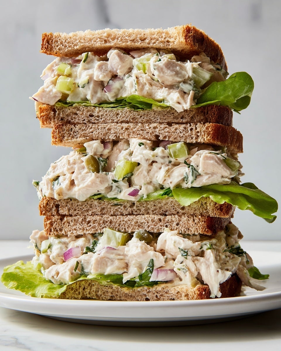 A close-up top view of a dark gray bowl filled with chicken salad, showing multiple layers: small chunks of light beige cooked chicken mixed with creamy white mayo-based dressing, pale green diced celery, chopped small green pickles, and tiny pieces of purple red onion, sprinkled with fine green dill herb all around. A silver spoon rests inside the bowl, placed on a white marbled surface. Photo taken with an iphone --ar 4:5 --v 7