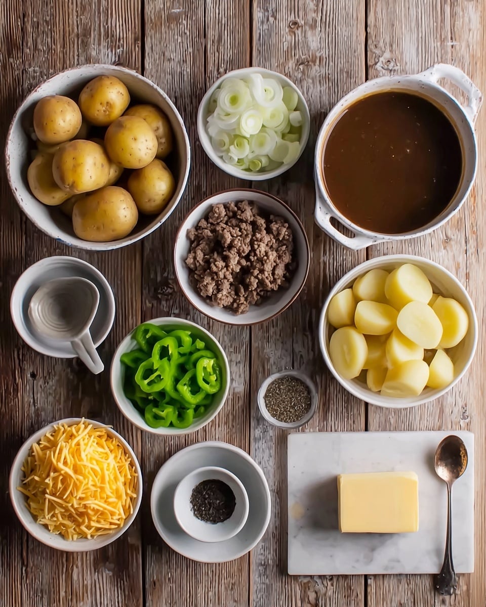 The dish shows a close-up of a mix with three main layers. The base layer consists of soft, cubed potato pieces in light yellow and white tones, scattered evenly on a white plate. The middle layer has cooked ground meat, brown with a crumbly texture, spread thickly across the potatoes. The top layer has melted cheese in yellow and white colors, creating a creamy cover with some orange hues, and chopped fresh green onions sprinkled on top for a bright green contrast. Pieces of red bell pepper add bright red spots, mixing into the layers. The background surface is a white marbled texture. photo taken with an iphone --ar 4:5 --v 7