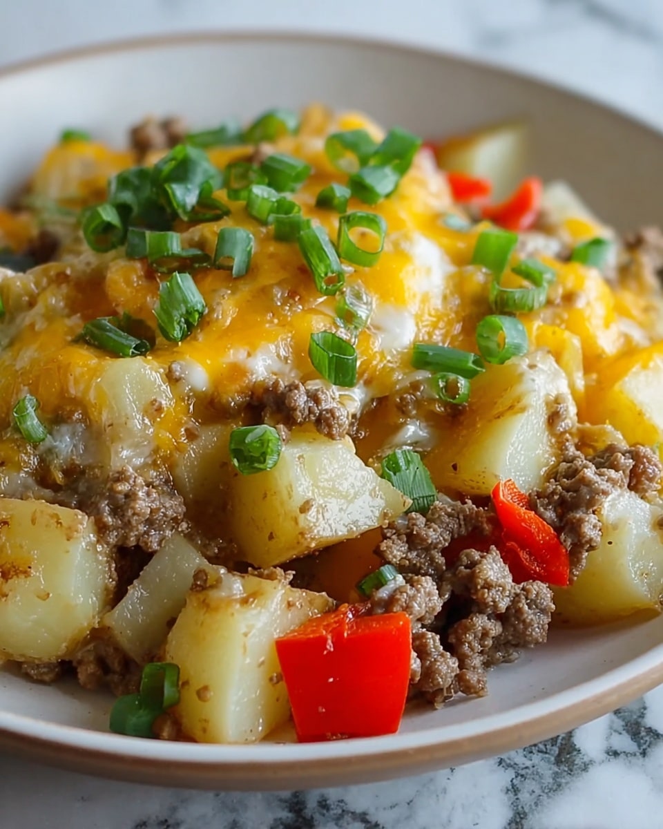 The image shows a top view of several white bowls and small dishes arranged neatly on a brown wooden table. Starting from the top left, there is a bowl full of whole small yellow potatoes. To its right, a bowl with cooked ground meat, followed by a bowl of chopped white onions. Next to it is a large bowl filled with dark brown gravy and a small white sauce dish holding a bit of gravy on the far right. Below the potatoes, there is a bowl with peeled and chopped potatoes. To its right, a bowl containing bright green sliced bell peppers, and next to it a tiny white bowl with black pepper. In the center below, there is a small dish with a teaspoon resting on it, flanked by a bowl full of shredded yellow cheddar cheese on the right. To the far right is a block of light yellow butter on a piece of paper with a metal spoon holding a small amount of mustard beside it. The whole setting is on a wooden surface changed to a white marbled texture. Photo taken with an iphone --ar 4:5 --v 7