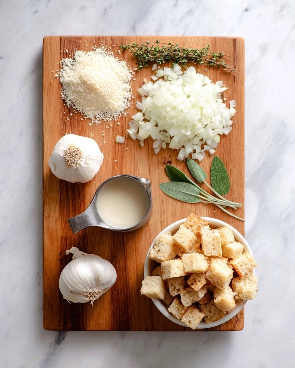 A wooden cutting board sits on a white marbled surface, holding several ingredients arranged neatly. At the top center is a small pile of finely chopped white onion with a soft, slightly translucent texture. To the left of the onion is a small mound of white breadcrumbs, looking light and crumbly. Below the breadcrumbs, near the bottom left edge of the board, is a whole white garlic bulb with a smooth surface. In the center of the board is a metal measuring cup containing a creamy white liquid. Directly below the cup is a small heap of finely minced garlic. To the right of the onion are two small fresh sage leaves, flat and green, and above them a small sprig of thyme with tiny green leaves. To the right side of the board is a white bowl filled with cubed pieces of white and light brown bread, the cubes showing soft, fluffy texture. photo taken with an iphone --ar 4:5 --v 7