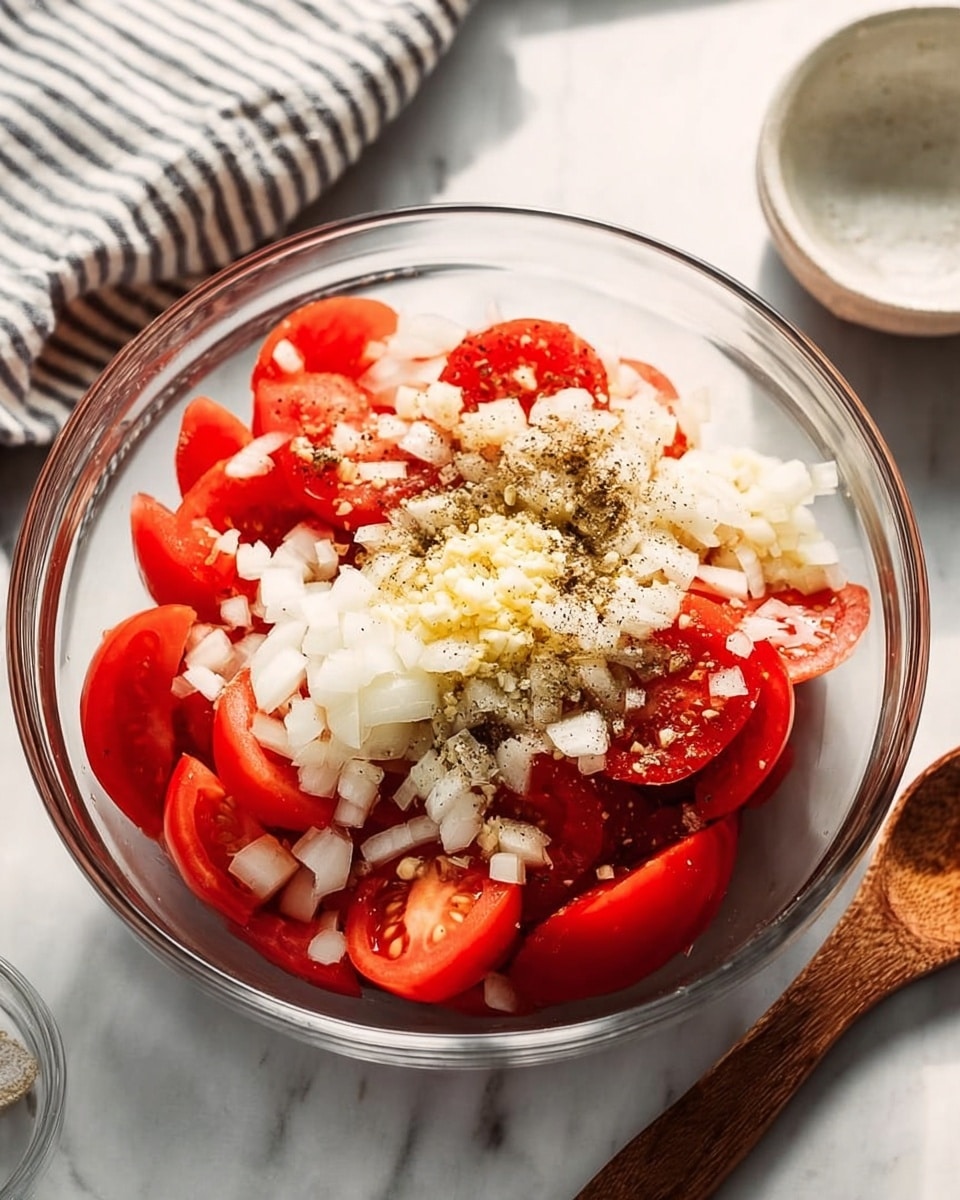 A clear glass bowl holds several layers of fresh ingredients starting with large, bright red tomato wedges at the base. On top of the tomatoes are small white onion pieces scattered evenly, with finely chopped garlic and a sprinkle of black pepper and salt layered over them. The textures contrast between the smooth, juicy tomatoes and the slightly crisp onions and garlic. The bowl is placed on a white marbled surface, with a striped cloth partially visible in the top left corner and a small white bowl in the top right. A wooden spoon handle rests at the bottom right of the image. The lighting is soft and natural, highlighting the freshness of the ingredients. photo taken with an iphone --ar 4:5 --v 7