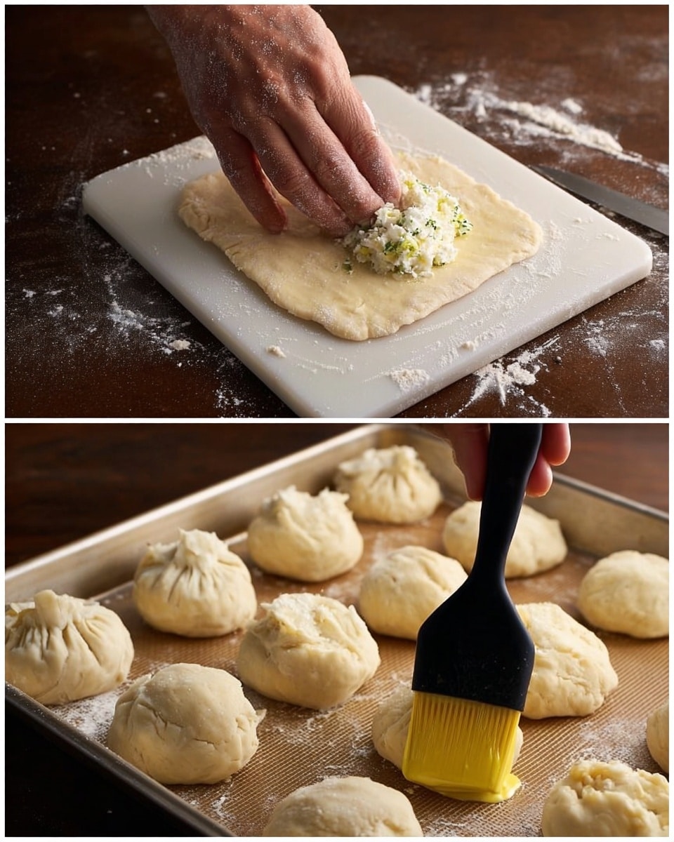 The first part shows a woman's hand pressing down on a light beige square dough on a white cutting board with some flour dusted around, with a small mound of white filling with green bits in the center. The second part shows a metal baking tray with several round dough balls, all pale beige and folded at the top, with one dough ball being brushed with yellow egg wash using a black pastry brush. The surface underneath is dark brown, and the whole scene is lit warmly. photo taken with an iphone --ar 4:5 --v 7