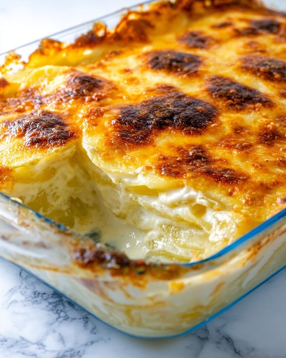 A rectangular glass baking dish filled with a golden brown baked casserole sits on a blue cloth over a white marbled surface. The casserole has a thick, bubbly cheese layer on top that is melted and browned unevenly, showing crispy darker spots and softer lighter yellow-orange areas. The cheese layer looks rich and slightly stretchy with a textured surface that hints at layers underneath, though none are visible. The casserole edges are browned and slightly crispy, creating a delicious crust around the soft inside. Photo taken with an iphone --ar 4:5 --v 7