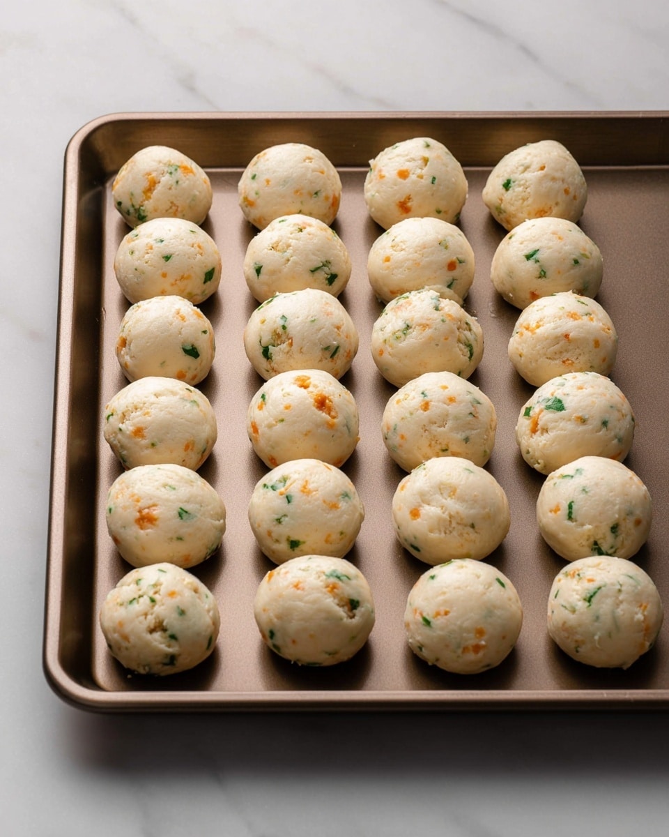 The image shows seven round, golden-brown fried balls with a crispy texture, placed on a baking tray against a white marbled background. One ball near the center is broken open, showing creamy, melted cheese with a soft, white filling inside. Small green bits are visible within the filling. To the right, there is a white bowl filled with smooth white dipping sauce. The lighting highlights the crunchy surface of the balls and the creamy inside of the cracked one. photo taken with an iphone --ar 4:5 --v 7