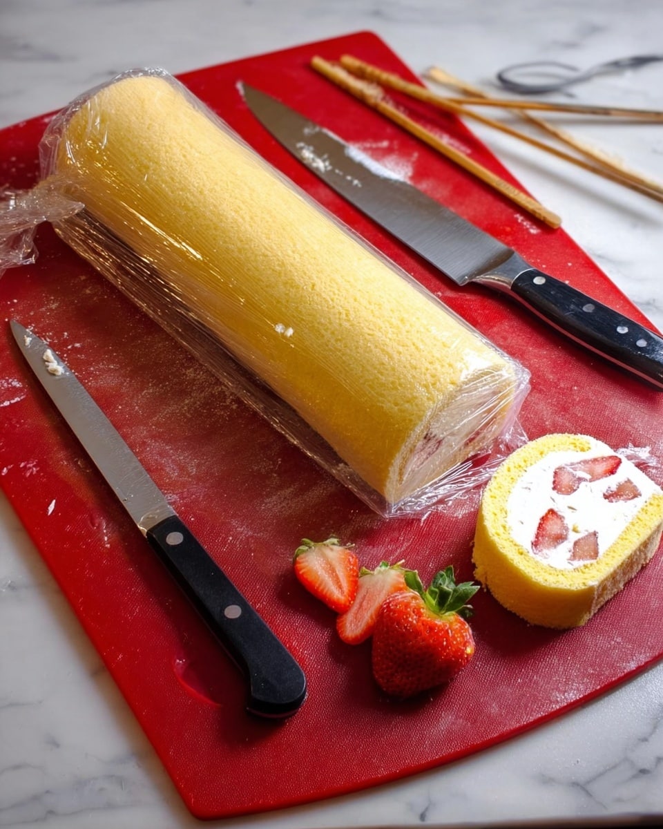 A long yellow sponge cake roll wrapped in clear plastic wrap lies on a red cutting board with a couple of strawberry tops and a sliced strawberry nearby. Next to the roll, a piece of the cake is cut and shows a layer of white cream with red strawberry pieces inside. Two knives, one large and one small with black handles, rest on the cutting board. In the background, there are chopsticks and a white marbled surface under the cutting board. Photo taken with an iphone --ar 4:5 --v 7