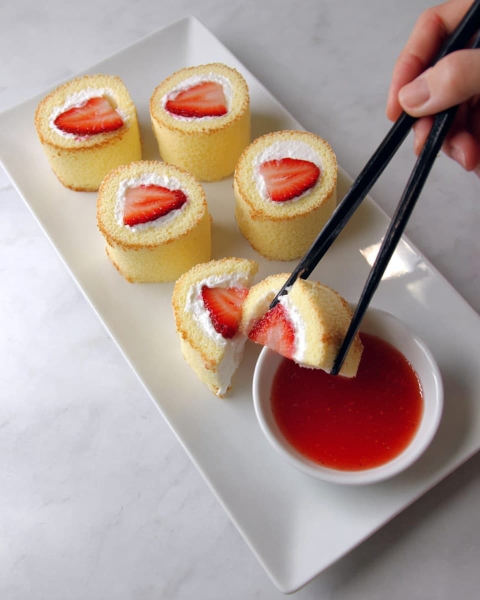 The image shows six pieces of rolled cake arranged in two rows on a white rectangular plate. Each roll has a light golden outer layer with a soft texture, and inside is a white cream filling with a small piece of strawberry embedded in it. On top of each roll is a thin slice of fresh red strawberry. In the foreground, there is a white bowl filled with smooth red strawberry sauce. Two pairs of black and white chopsticks with a polka-dot pattern rest on the back edge of the plate. The surface under the plate is a white marbled texture. Photo taken with an iphone --ar 4:5 --v 7