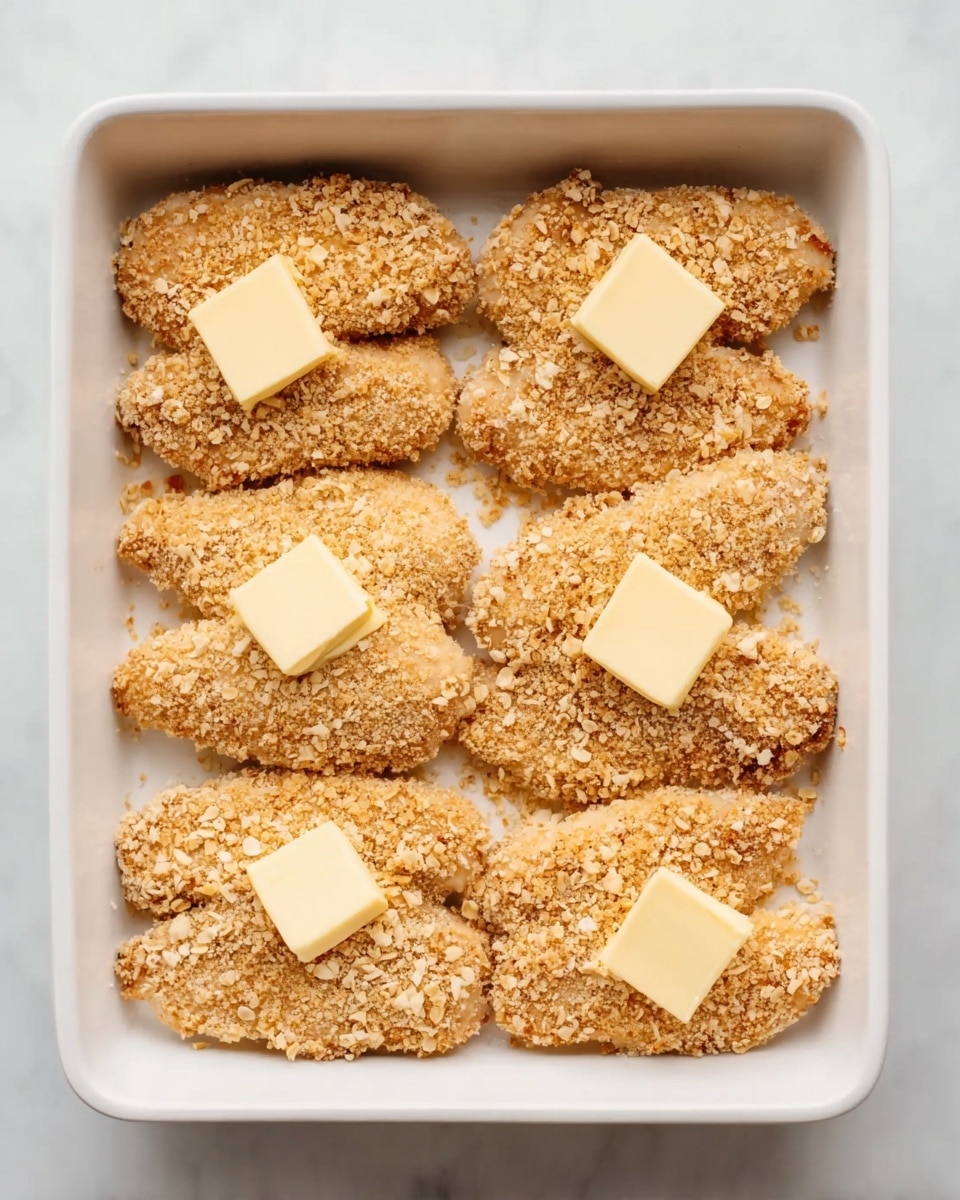 A white rectangular baking dish with four pieces of golden brown baked food arranged in a single row. Each piece has a crunchy, rough texture with a slightly uneven shape and a light crispy crust on top. The surface of the dish has small browned spots from cooking, creating a contrast with the white color of the dish. The background features a white marbled texture, making the dish stand out clearly. photo taken with an iphone --ar 4:5 --v 7