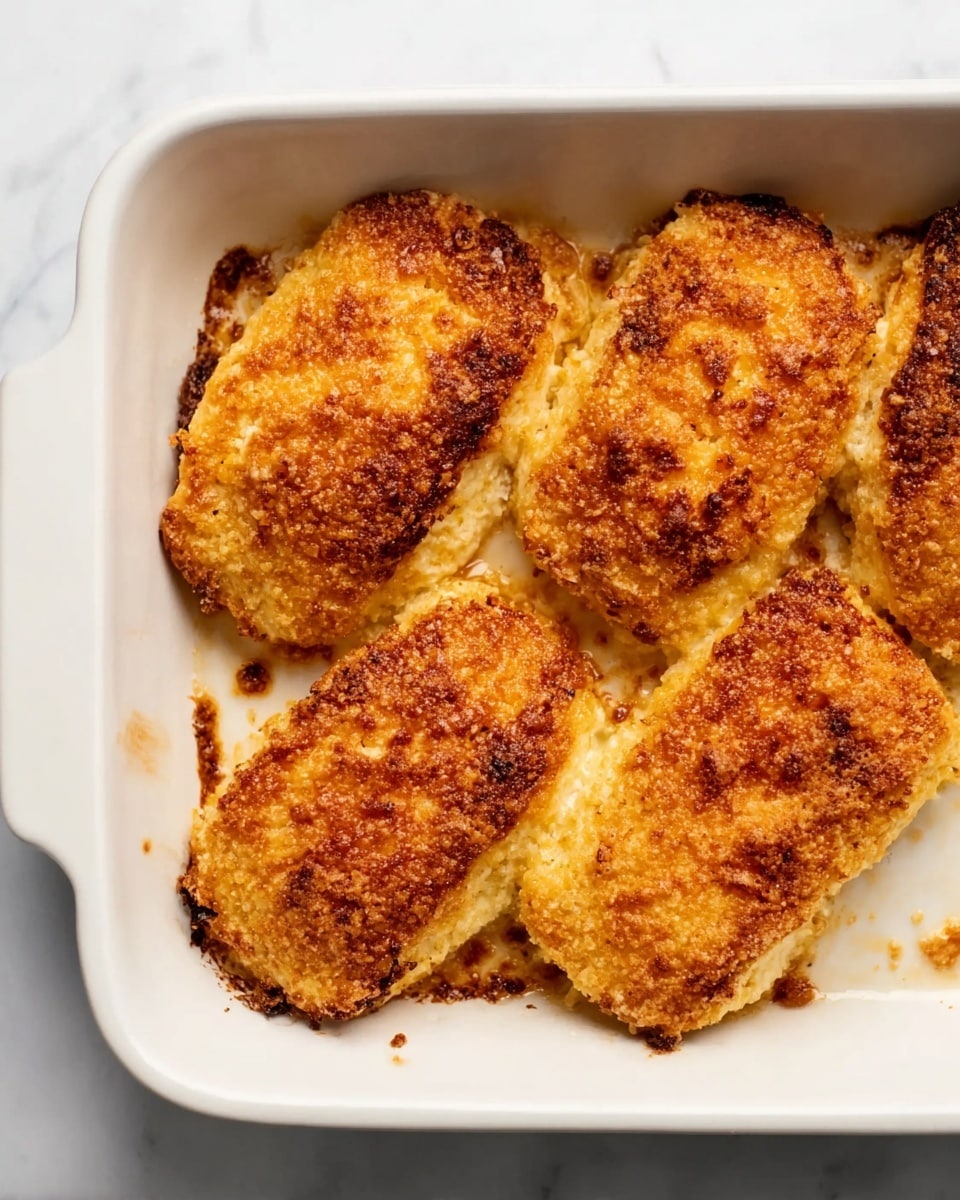 The image shows a white baking dish with eight evenly spaced pieces of breaded chicken arranged in two rows. Each chicken piece is covered in a crumbly light brown coating with small bits of oats visible, creating a rough texture. On top of each piece, there is one or two small square pats of pale yellow butter placed in the center. The dish is set on a white marbled surface with soft natural light coming from the left side, highlighting the textures and colors clearly. photo taken with an iphone --ar 4:5 --v 7