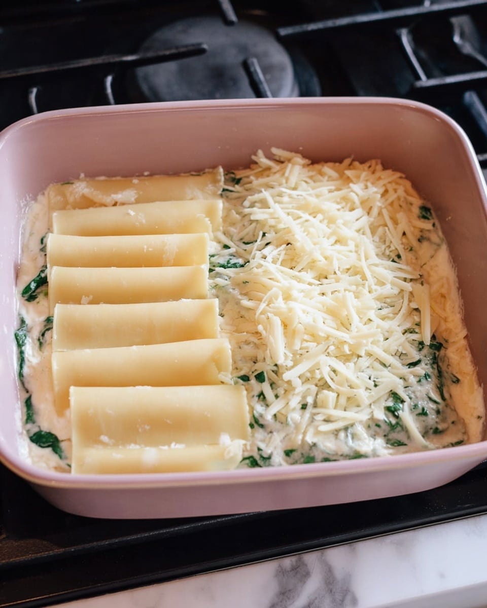 The image shows the start of a layered dish in a pale pink square baking dish. The bottom layer is a creamy white sauce with small green spinach leaves mixed in, topped with shredded white cheese spread evenly over the sauce. On one side of the dish, four smooth rectangular sheets of pasta are laid flat in a row, partially covering the cheese layer. The dish sits on a dark cooking stove with a white marbled background visible around it. The photo taken with an iphone --ar 4:5 --v 7