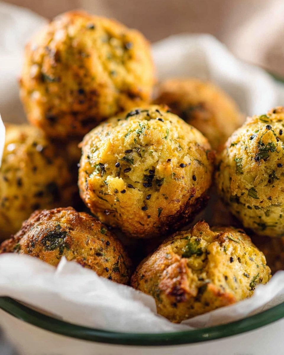 A close-up image of several golden brown baked balls with a rough texture, speckled with green herbs and small black seeds. They have a slightly crispy outside and appear soft inside. The balls are placed on white parchment paper inside a white bowl with green rim, which sits on a white marbled surface. The background has a soft focus light brown and white tone. Photo taken with an iphone --ar 4:5 --v 7