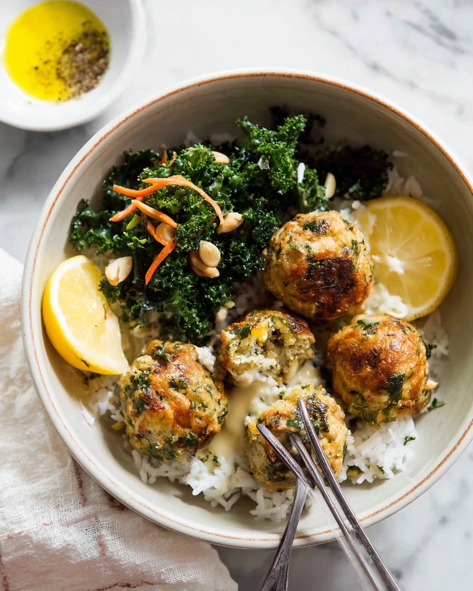 A white bowl filled with a bottom layer of white rice, topped with five round, golden-brown falafel balls that have a green herb texture inside. On one side, there are three lemon slices resting on the rice. At the back, there is a layer of fresh green kale and thin orange carrot strips mixed together. A fork rests on the right side of the bowl, holding one falafel ball dipped in creamy white sauce. In the background, there is a small white bowl with more creamy sauce and a drizzle of oil, all placed on a white marbled surface. Photo taken with an iphone --ar 4:5 --v 7