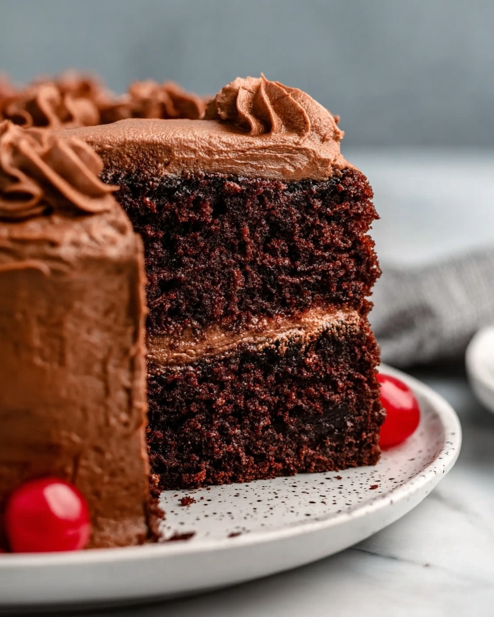 A close-up of a slice of three-layer chocolate cake on a white plate, each layer of cake is dark brown with a moist texture, separated by smooth light brown chocolate frosting. The top and side of the slice are covered with the same light brown frosting, applied thickly with a soft, creamy texture. A single red cherry with a stem sits at the bottom right of the cake slice on the plate. The background is a white marbled surface. Photo taken with an iphone --ar 4:5 --v 7