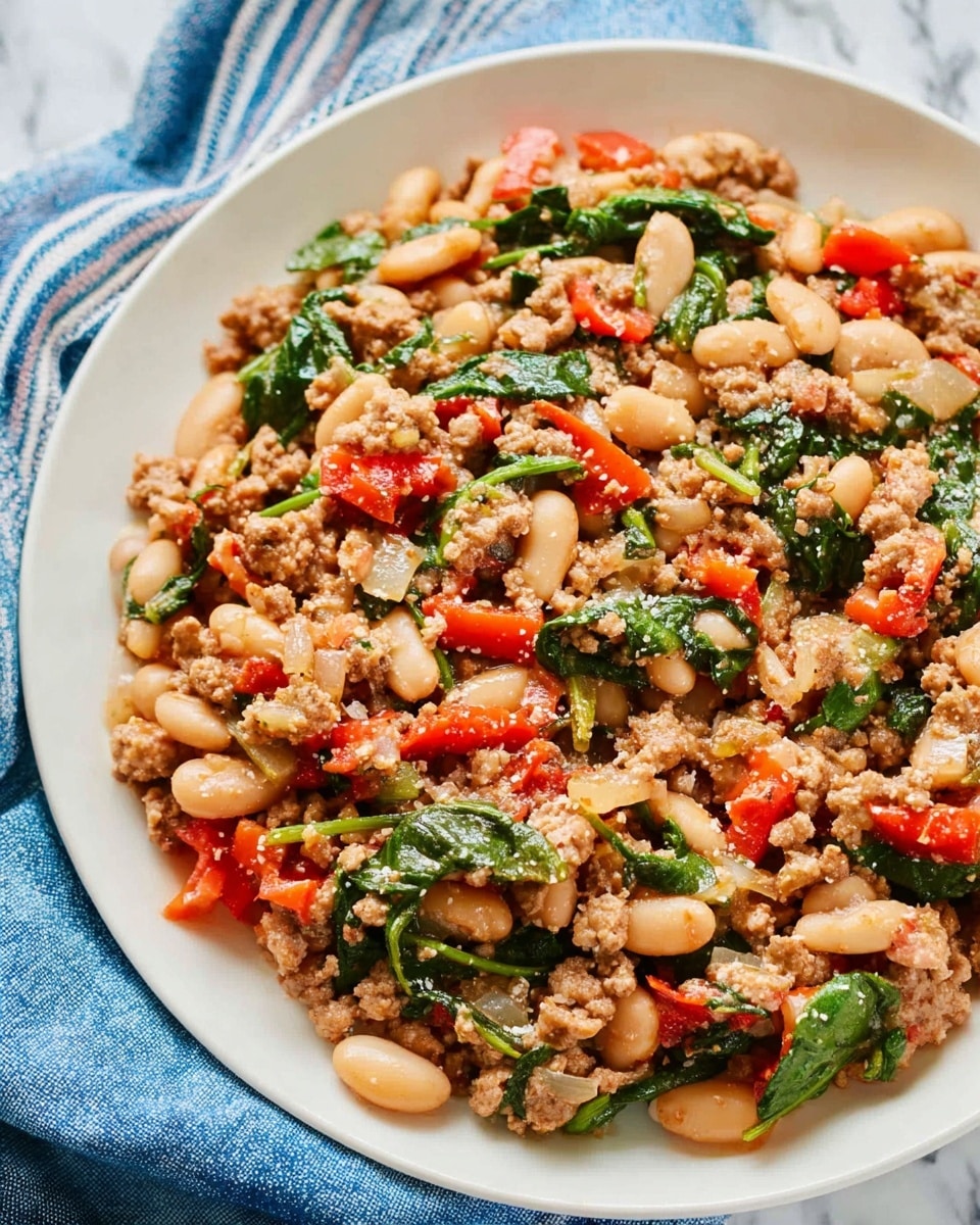 A close-up view of a bowl filled with a mixed dish containing several layers of ingredients. The base layer appears to be light-colored grains or small pieces, mixed evenly with green spinach leaves and chopped green bell peppers. Scattered among these are white beans and bits of red tomato or pepper, adding brightness throughout the dish. A light sprinkling of finely grated cheese or a powdery white topping covers the entire surface, giving a slightly textured look. The bowl is white, and it sits on a white marbled surface with a blue and white cloth partly visible in the background. photo taken with an iphone --ar 4:5 --v 7