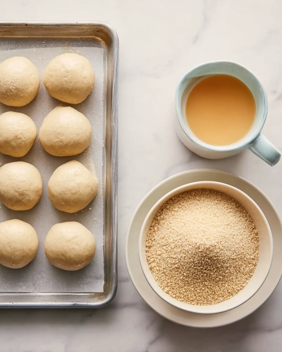 The image shows a baking tray with eight light beige dough balls arranged in two rows on a white marbled surface. Next to the tray on the right, there is a white cup filled with a light orange liquid, likely an egg wash. Below the cup is a white bowl filled with fine, light brown breadcrumbs. The scene is well-lit with natural soft light, giving a clean and simple look. photo taken with an iphone --ar 4:5 --v 7