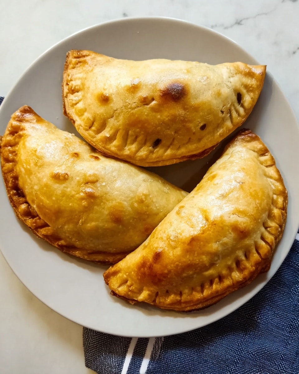 Three baked pastries sit on a round white plate placed on a white marbled surface with a blue striped cloth nearby. Each pastry is semi-circular with a crimped edge, golden brown in color with some slightly darker spots. The crust looks smooth and slightly shiny, showing a lightly baked texture with small air bubbles and folds on the edges. The pastries are arranged so that two are side by side and one is slightly angled on top. Photo taken with an iphone --ar 4:5 --v 7