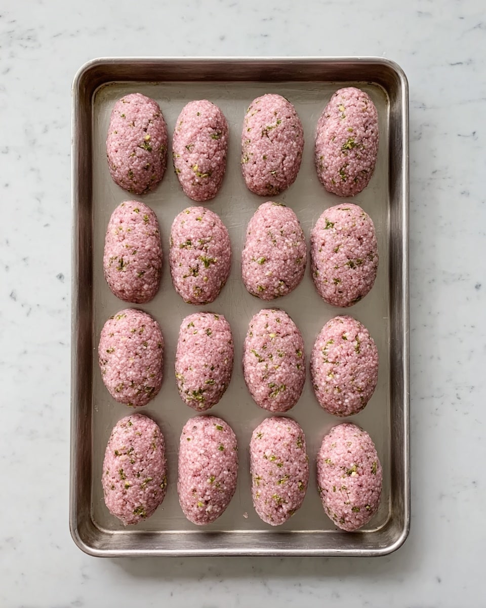 The image shows a metal baking tray on a white marbled surface. On the tray, there are 13 oval-shaped raw mixtures arranged in neat rows. Each mixture is pink with small white and green bits spread evenly throughout, giving a textured look. The shapes are smooth and rounded but slightly uneven, showing a rough texture. The overall presentation looks ready for cooking. photo taken with an iphone --ar 4:5 --v 7