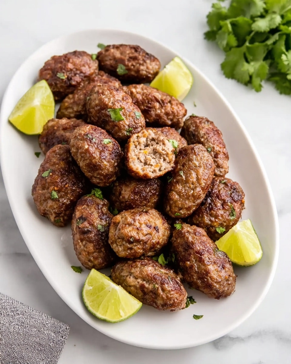 The image shows a white oval plate filled with many small, round meatballs that are cooked to a brown color with a slightly crispy texture on the outside. One meatball is slightly opened, revealing a cooked, light brown inside with some visible grains or herbs. Around the meatballs, there are three lime wedges placed at the edges of the plate, adding a fresh green and yellow color contrast. The plate is resting on a white marbled surface, and there is a small bunch of green herbs placed in the background on the right side, slightly out of focus. Photo taken with an iphone --ar 4:5 --v 7