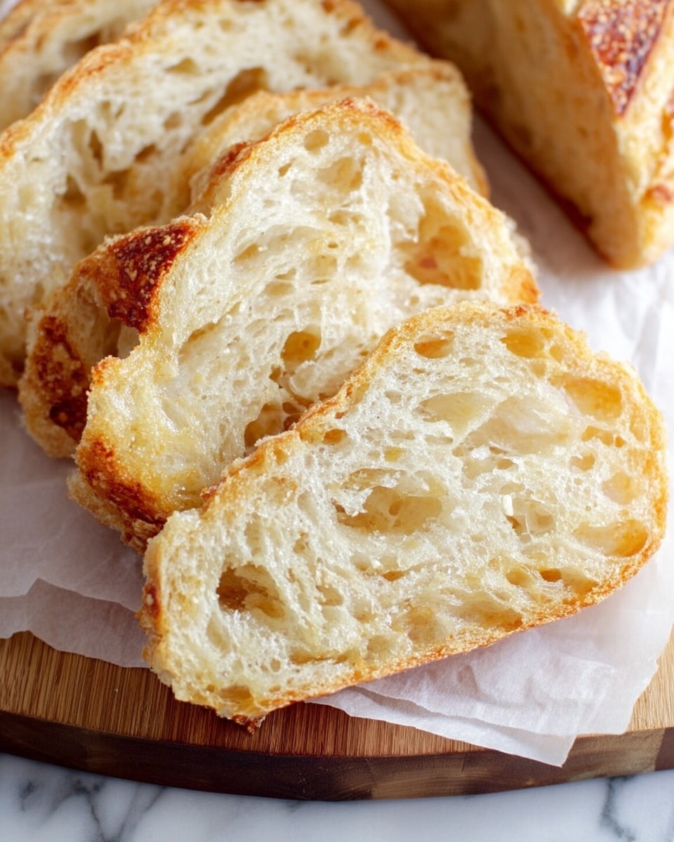 Two large halves of freshly baked bread are held by a woman's hands. The bread has a golden brown crust with a slightly glossy finish and a soft, airy inside with many medium-sized holes throughout the light cream-colored crumb. The bread is set on parchment paper over a white marbled surface. A serrated knife with a white handle lies nearby atop a light blue cloth. Photo taken with an iphone --ar 4:5 --v 7