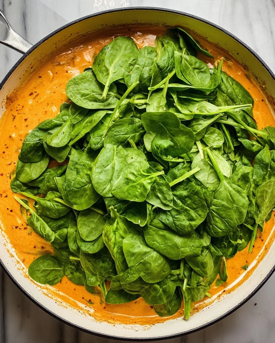 The image shows a white pan filled with a thick orange sauce at the bottom, with a loose layer of fresh, bright green spinach leaves piled on top, covering most of the sauce. The sauce looks creamy with some specks of seasoning visible around the edges. The pan is resting on a white marbled surface. Photo taken with an iphone --ar 4:5 --v 7